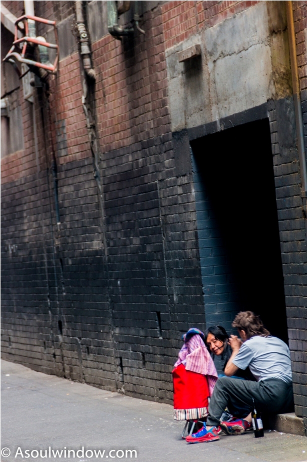 Homeless Beggar Dustbin Drugs Heroin Grafitti Street Art Hosier Lane Melbourne Australia