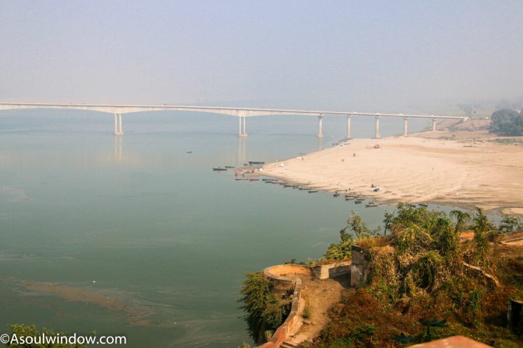 Chunar Bridge and the holy Ganga River as seen from a colonial building in Chunar Fort near Varanasi