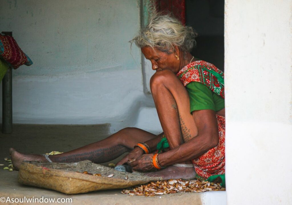 A Gond woman with tattoo deshelling mahua seeds in Sarrahiri Gond Village. Pench National Park.