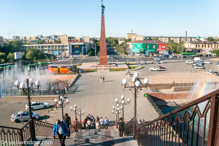 Monument Jer Ana at Ordabasy Square rainbow fountain Golden Bridge iron bridge Shymkent Kazakhstan Central Asia