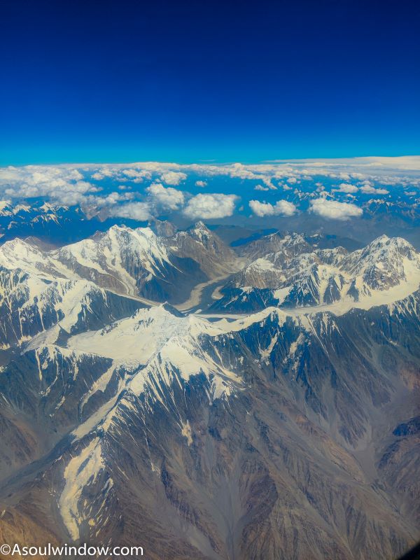 Views of snow mountains from Fly Arystan flight Shymkent Kazakhstan Central Asia