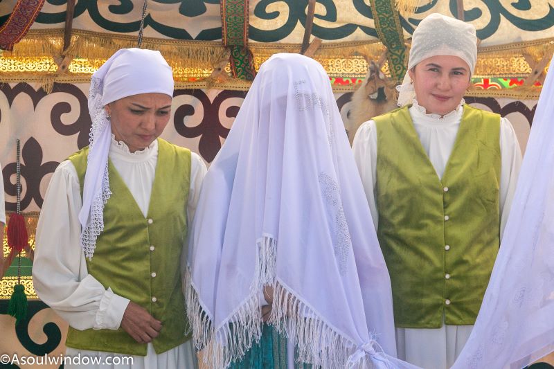 Woman traditional dress female dress attire Citadel Shymkent Kazakhstan Central Asia